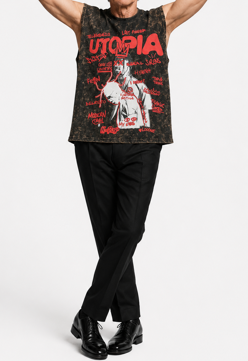 UTOPIA Acid Wash Sleeveless Oversized Tee